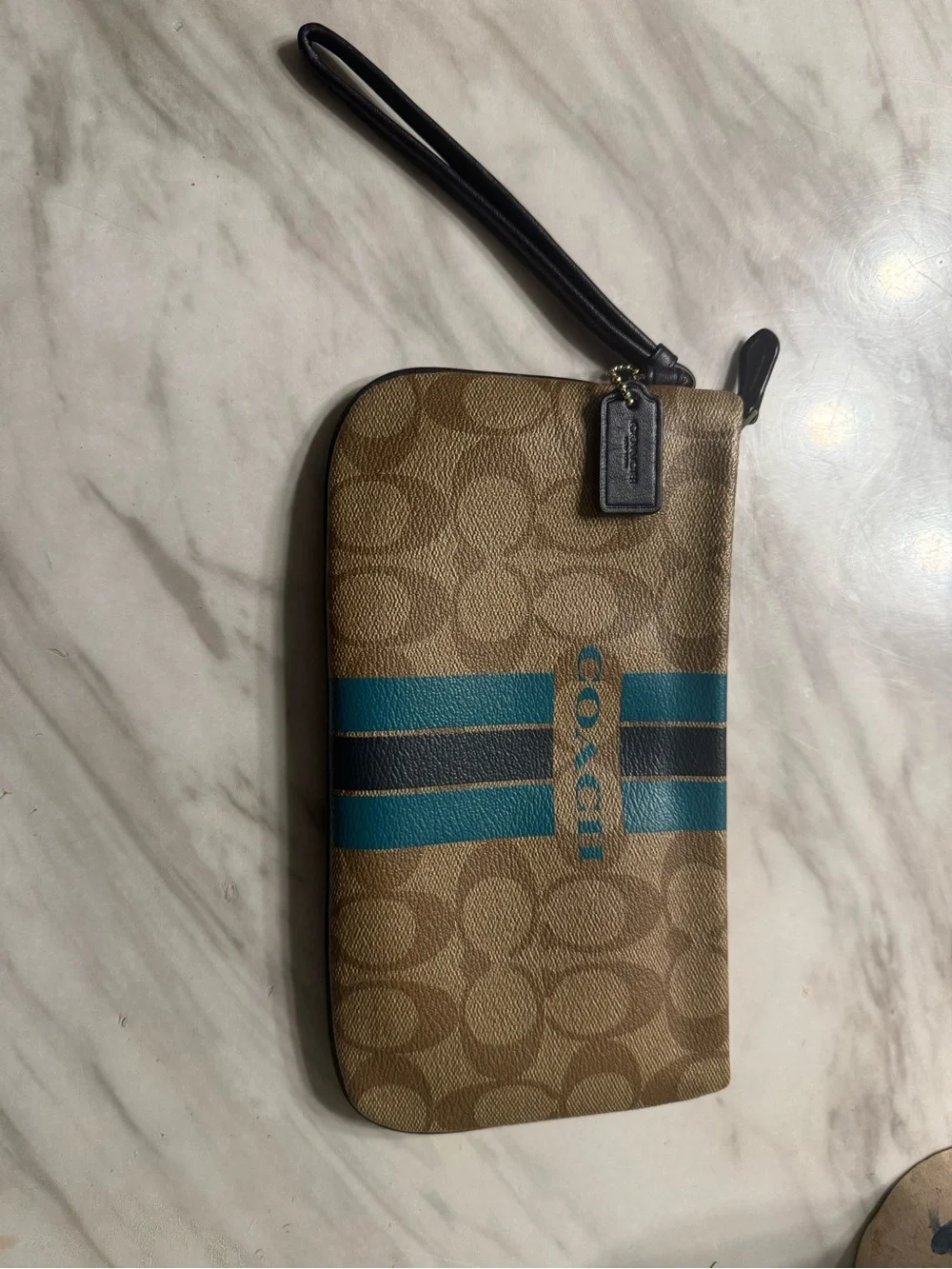 Coach Khaki Signature Wristlet with Teal and Black Stripes